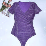 Sparkle Tops BlingBling Short Sleeve Bodysuit Crop Tops Women Bodycon Party Club Body Suit Glitter Top