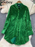 Blouse Shirts Long Sleeve Top Button Up Shirt Y2K Vintage Women Clothing Club Party Glitter Top Female Collared