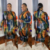 Plus Size Print High Neck Long Sleeve Long