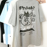 Cotton Harajuku Japan Kanji Cartoon Cats Graphic T Shirts New Hip Hop Funny Men Woman Tshirts O-neck Oversized Casual