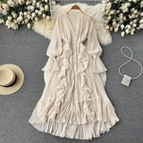 Purple/Brown/Red Chiffon Pleated Long Dress Women Vintage V-Neck Flare Sleeve Draped Ruffle Vestido Female Maxi Robe Spring