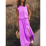 2025 Summer Women's Fashion Trend Retro Round-Neck Sleeveless Forked Solid Color Two-Piece