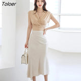 Short Sleeve Bodycon Tops Sexy Women OL Asymmetrical High Waist Midi Skirt Casual V-Neck Criss-Cross Blouse 2 Pieces
