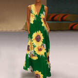 Station New Popular Style Lady's Bohemian Printed Sunflower Dress V-Collar Sleeveless Pocket Summer Dress-Outfit