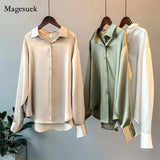 Vintage Fashion Button Up Satin Shirt Silk Korean Office Ladies Elegant Shirt Blouse White Long Sleeve Shirts Tops