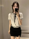 Fragrant Neckline With Black Thin Knitted Short-Sleeved T-Shirt For Women 2025 New Summer Short Ice Silk