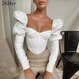 Elegant Romantic Irregular Croped Corset Top Women Stylish Puff Sleeve Vacation Crop Top Skinny Female Casual Streetwear-Outfit
