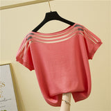Size Summer Short Sleeve Tshirt Women Loose Korean Slim Ice Silk Solid T-shirt O Neck Chic Splicing Casual Tee Blusas