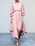 Women's Round Neck Long Sleeves Pure Dress Dress Tight Waist