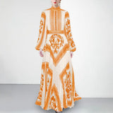 Collar Lantern Sleeve Positioning Printing Waist 100 Folds Long Dress Dress Women's Dress 2025