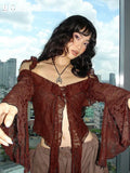 Vintage Solid Ruffles Lace Split T Shirt See Through Sexy Slim Slash Neck Long Butterfly Sleeve Tees Women 2023 Summer-Outfit