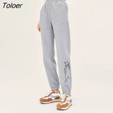 Women Fleece Sweatpants 2022 Winter Elastic Waist Straight Long Trousers Cat Print Gray Warm Casual Sport