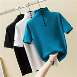 2022 Summer Vogue Knitted Button T Shirt Women Turtleneck Short Sleeve Slim Solid Tee Shirt Femme Ladies Pullover