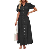 Women's Summer Casual Short-Sleeved Buckle Waist Solid Cotton Ultra-Long Shirt