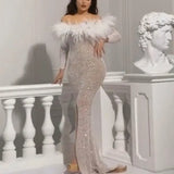 New Women's Ebay Dress Sexy Sprinkling Gold Feathers Open Forked And Hip Banquet Evening