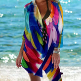 Women Printed Blouse Long Top Tunics Cardigan Half Sleeved Loose Beach Wear Swimwear Ladies Dresses Shirts Button 2023-Outfit
