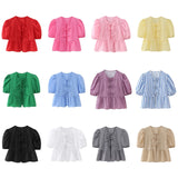 Women's Elegant Kawaii Summer Peplum Blouse Tops Short Puff Sleeve Round Neck Bow Tie-Up Front Babydoll Flare Shirts-Outfit