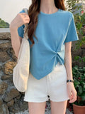 Irregular T-shirt Women Summer Skinny T Shirt Femme Solid Short Sleeve Korean Kpop Slim O-Neck Tshirt Woman Clothes Top-Outfit