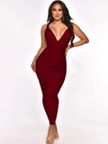 Sexy Straps Sleeveless Solid Ruched Lace Up Sheath Midi