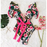 New Print Swimwear Deep V-Neck Ruffle Swimsuit Push Up One Piece Swimsuit Beach Wear Backless
