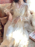 Elegant Sweet Dress Women Vintage Lace Party Midi Dresses Casual Slim Fit Holiday Fashion Long Sleeve Retro Dress