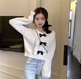 Women Slim White Ruffles Bowknot Cardigan Loose Sweet Japanese Style Knitted