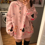 Neck Women Pullover Streetwear Spring Korean Fashion Cartoons Printing Loose Full Sleeve Tops for Girl Harajuku