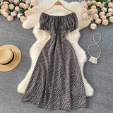 Women Floral Dress bohemian A-Line slash neck short sleeves dress summer vintage beach off shoulder Polka Dot