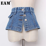 2023 New Spring Summer Denim Personality Split Joint Irreguar Button Wide Belt Women Fashion Tide All-match