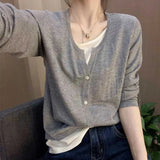 Two V-Neck Knitted Women's 2025 New Loose Thin Tops Long-Sleeved Sweater Bottom