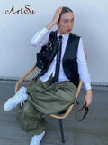Black Faux Leather Sleeveless Jacket Vest Vintage England Style Streetwear Jackets Coats Women Button Up Suit