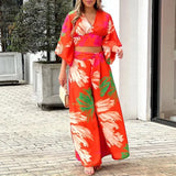 2023Womens Autumn Multicolor Printing Temperament Commuting High Waist Sexy Lace Up Fashion Casual Set Femme Sexy Disfraz