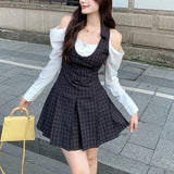 Lace Buttons Patchwork Vest Women Two-Piece Suit Mini Pleated Skirt Summer Sexy Kawaii Crop Top Japanese School