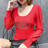 Women's Clothing Letter Printed Slim Blouse Spring Autumn Casual Long Sleeve O-Neck Commute Fashion Gauze Spliced Diamonds Shirt-Outfit