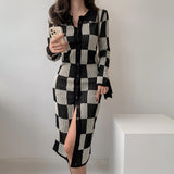 Long Sleeve Polo Plaid Slim Pencil Dresses for Women Evening Party Sexy Split Sweater Bodycon Dress Autumn Winter