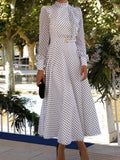 Dot Print Dresses Women Long Sleeve Shirts Maxi Dress Women A Line Elegant Office Lady Dresses Loose Hem-Outfit