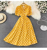 Summer French Retro Skinny Bubble Short-Sleeved V-Neck A-Shaped Dress Elegant Temperament Long