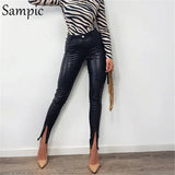 Autumn 2020 Sexy Ladies Trousers Office Streetwear High Waisted Woman Skinny Front Slit Pants Black PU Leather Pants