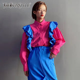 Casual Colorblock Ruffle Trim Shirt For Women Lapel Long Sleeve Chic Blouse Female Fashion New Clothing 2021