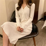 Long Sleeve Dresses Solid Color Sheath V-neck Buttons High Waist Ladies Elegant New Vestidos Knitting Korean Style