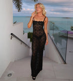 Toloer Summer New Women's Fashion One-Word Collar Sexy Perspective Lace Slim Dress Dress-Outfit
