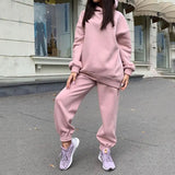 Autumn Winter Two Piece Set For Women Tracksuit Harajuku Hooded Sweatshirt And Elastic Waist Long Pant 2021 Solid