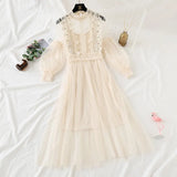 New Women Fashion Dress Stand Collar Lantern Sleeve Mesh Dress See-through Lace Embroidery Fairy Dress Femme Vestidos