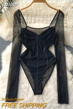 New Stylish Black Bodysuits for Women Sexy See Through Mesh Patchwork Long Sleeve Square Collar Slim Stretch Body