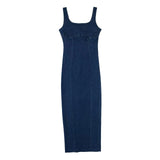Toloer 2023 New Women's Slim Dress With Slit Denim Long Dress-Outfit