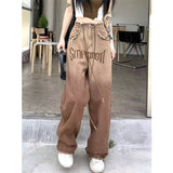 Vintage Jeans High Waisted Brown Y2k Fashion Printing Raw Edge Trouser For Womens Summer Korean Style Denim Long