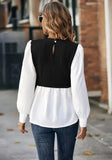 Fake Two Shirts For Women 2023 Casual O-neck Puff Sleeve Wave Blouse Autumn Fashhion Slim Button Top Femme-Outfit