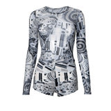 Women's Summer New Round-Neck Long-Sleeved Mesh Yarn Elastic Shorts Casual