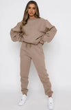 Piece Sets Women Solid Round Neck Tops Autumn Sweatshirts Loose Straight Long Pants Set Lace Up Tight High Waist 2023-Outfit