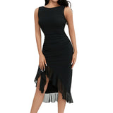 Women Sleeveless Bodycon Dress Evening Party Summer Clothes Chic and Elegant Solid Color Backless Mesh Ruffled Dress-Outfit